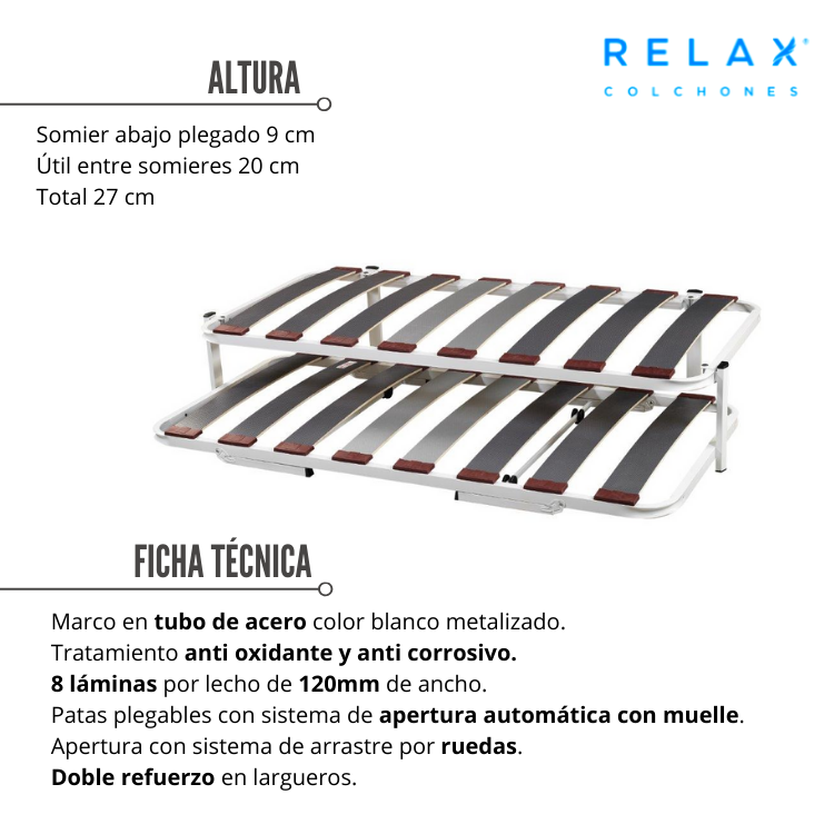 Somier Inferior de Cama Nido, Patas Plegables y Ruedas, Medidas 90x190 cm